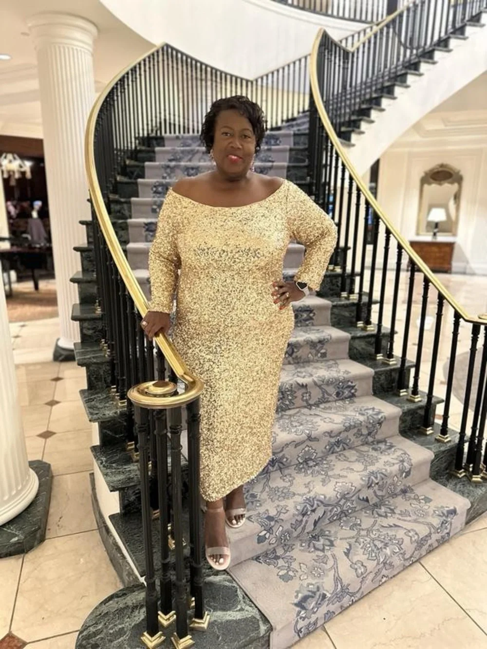 ELOQUII OFF THE SHOULDER SEQUIN COLUMN DRESS IN GOLD - Picture 12 of 12